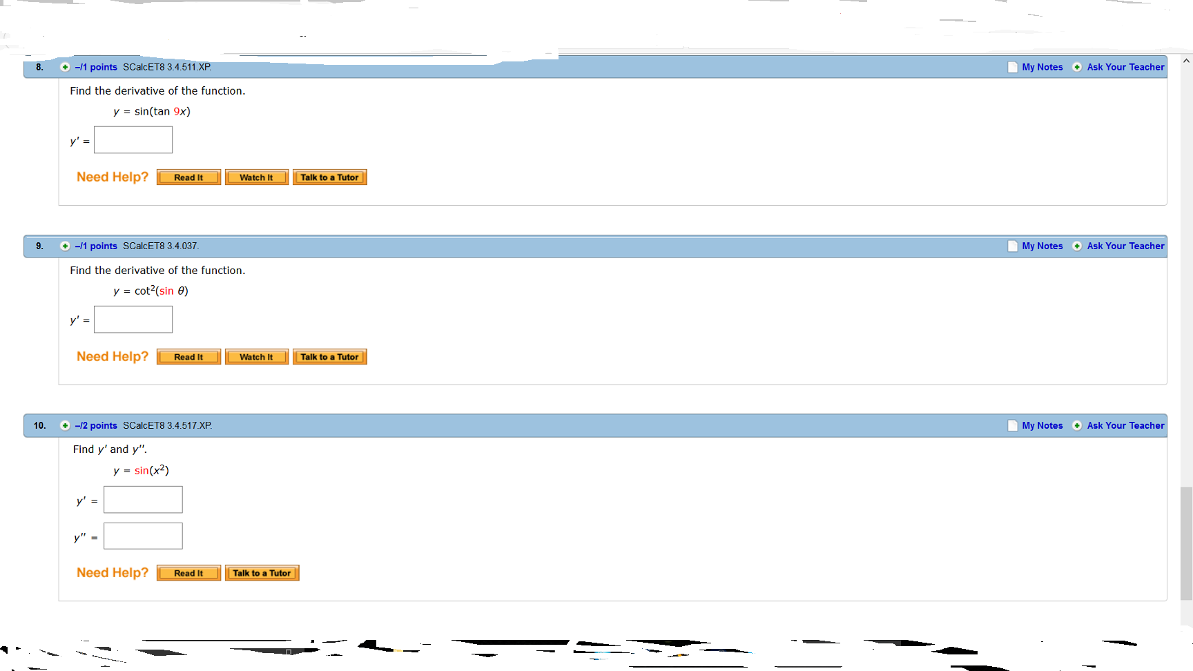 Solved Find the derivative of the function. y = sin(tan 9x) | Chegg.com