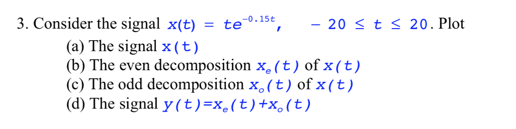 Solved 3. Consider the signal x(t) = te-0.15 20 Kt 20. Plot | Chegg.com