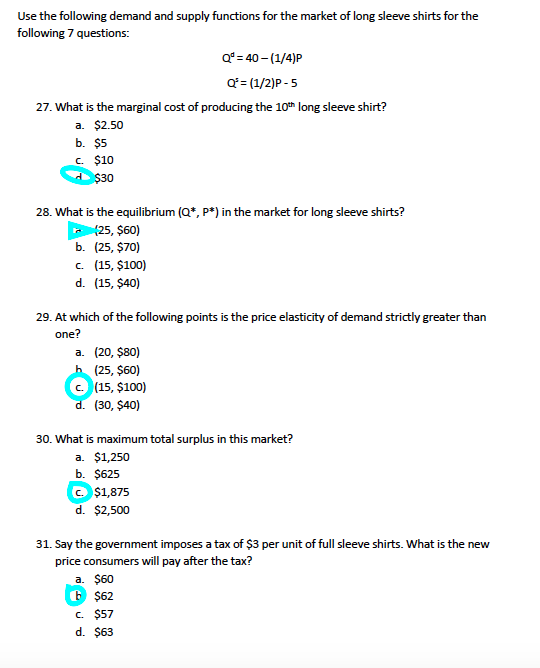 Solved Use the following demand and supply functions for the | Chegg.com