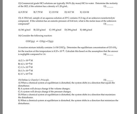 Solved 12) Commercial grade HCI solutions are typically 390% | Chegg.com