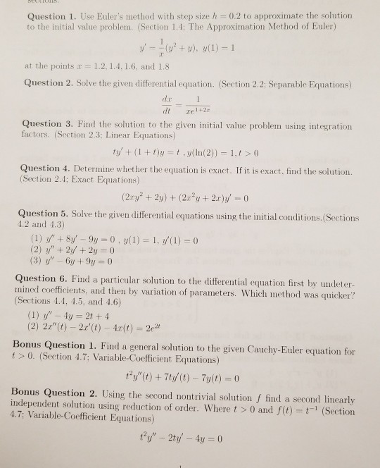 Solved Question 1 . Use Euler's Method With Step Size H 0.2 | Chegg.com