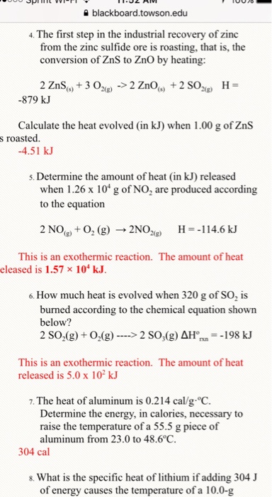 Solved Calculate The Heat Evolved in KJ When 1 00 G Of ZnS Chegg