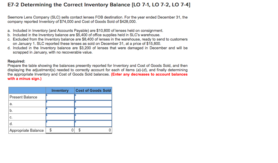 Solved E72 Determining the Correct Inventory Balance [LO