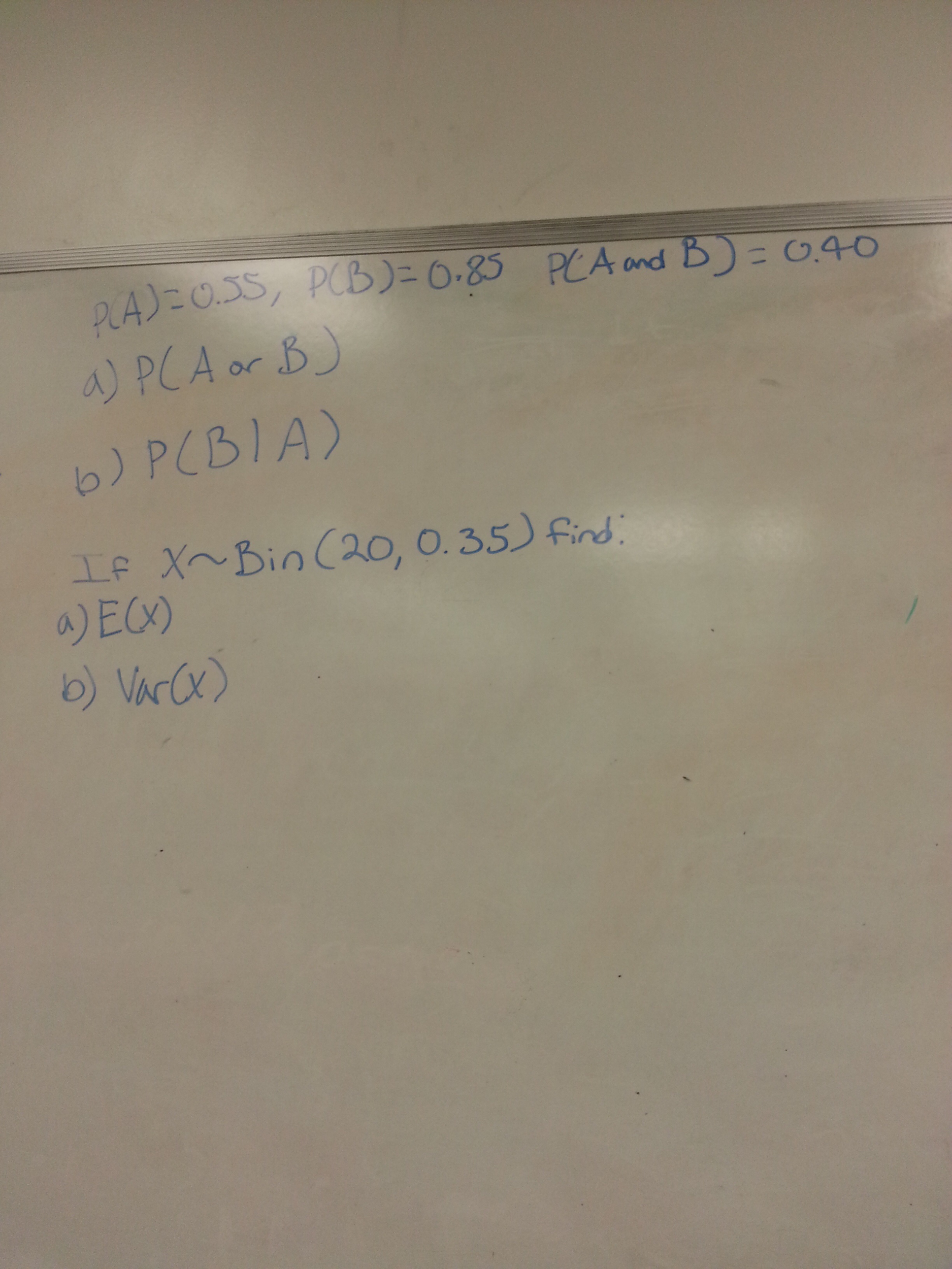 Solved P(A) = 0.55, P(B) = 0.85 P(A and B) = 040 P(A or B)