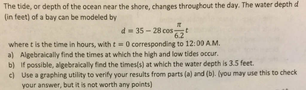 Solved The Tide Or Depth Of The Ocean Near The Shore Chegg