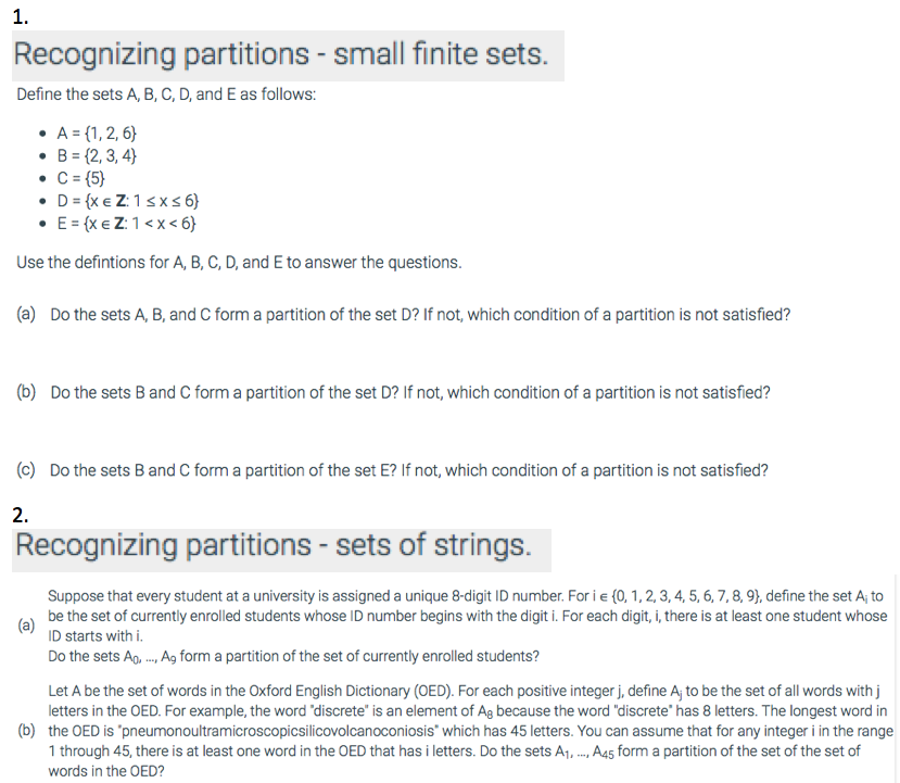 Solved 1. Recognizing partitions small finite sets. Define