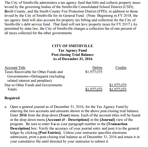 Solved The City of Smithville administers a tax agency fund