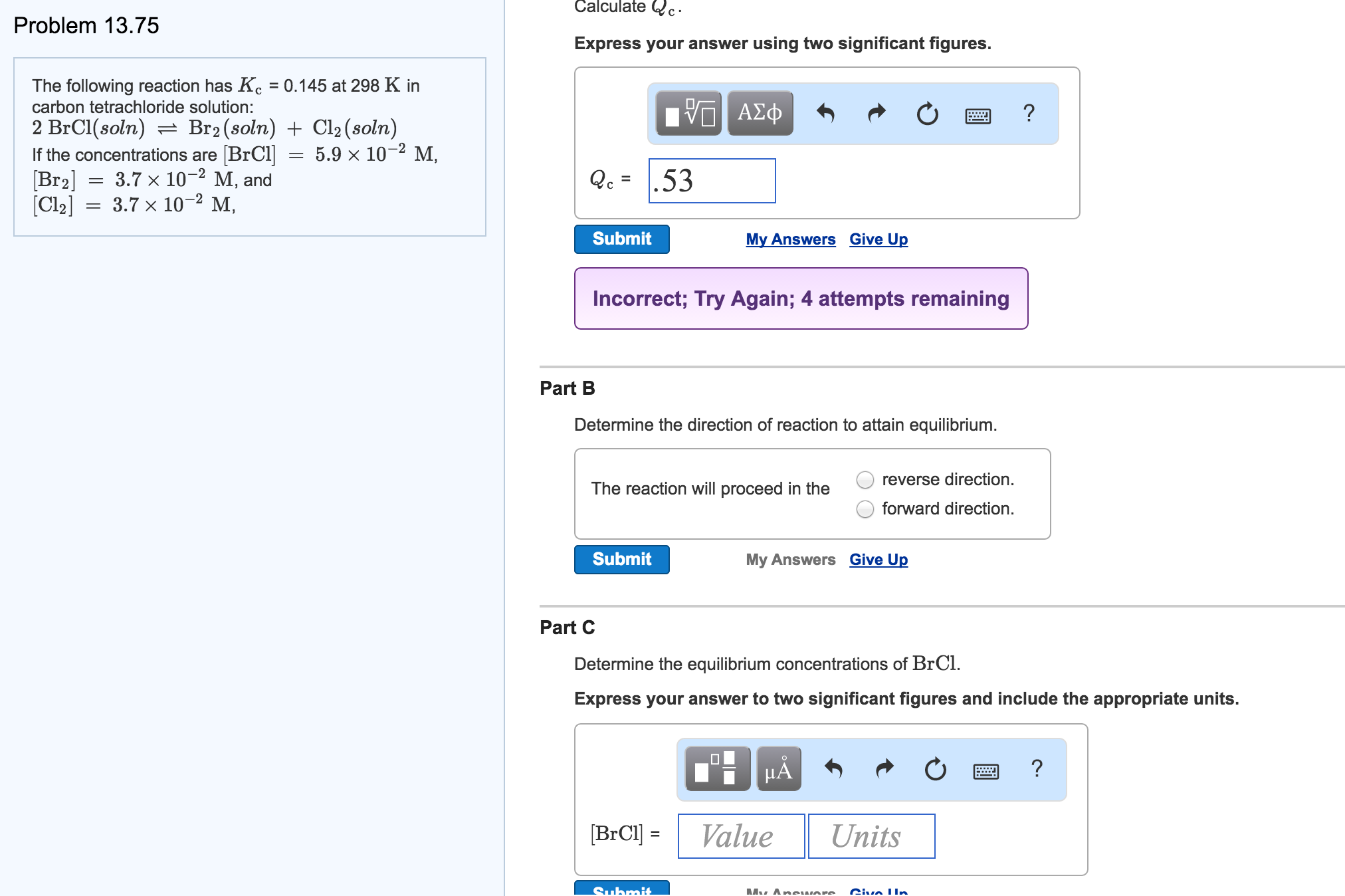 Solved The following reaction has K_c =0.145 at 298 K in | Chegg.com