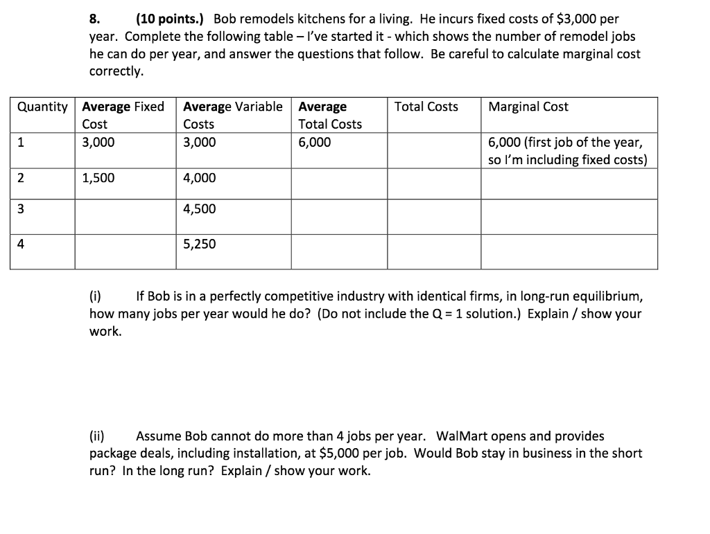 Solved Bob remodels kitchens for a living. He incurs fixed | Chegg.com