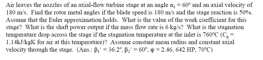 Solved Air leaves the nozzles of an axial-flow turbine stage | Chegg.com