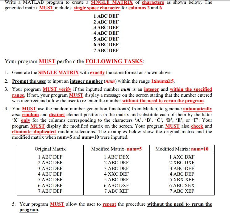 Solved Write a MATLAB program to create a SINGLE MATRIX of | Chegg.com