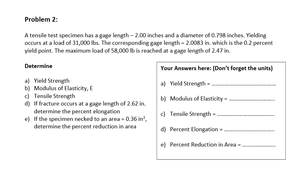 Solved A tensile test specimen has a gage length - 2.00 | Chegg.com