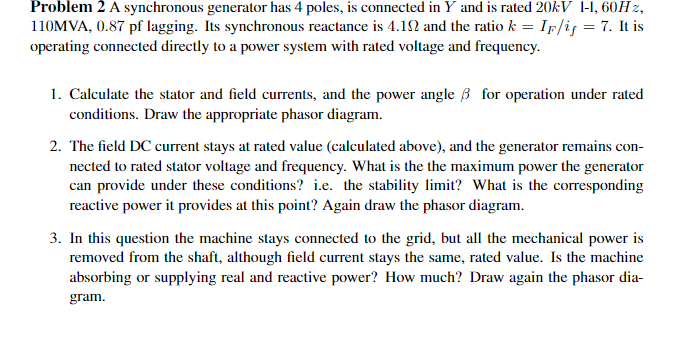 Solved Problem 2 A synchronous generator has 4 poles, is | Chegg.com