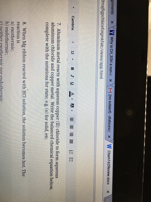 Solved Aluminum metal reacts with aqueous copper (II)