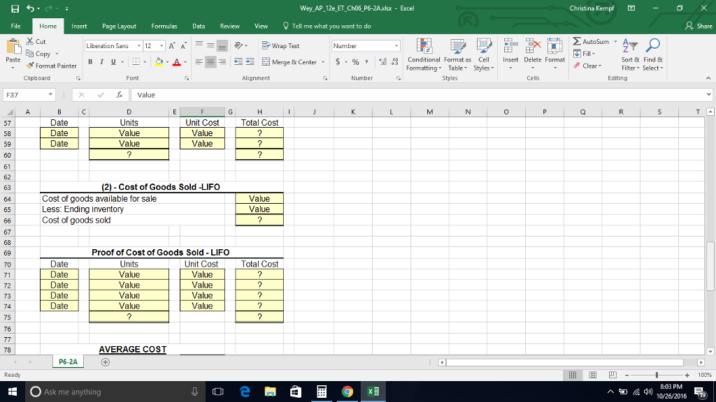 Solved Wey AP_12e_ET_Ch06 P6-2A.xlsx - Excel Christina Kempf | Chegg.com