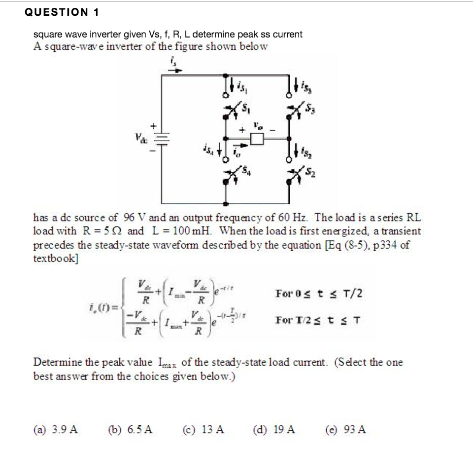 Solved Square Wave Inverter Given V S F R L Determine Chegg Com