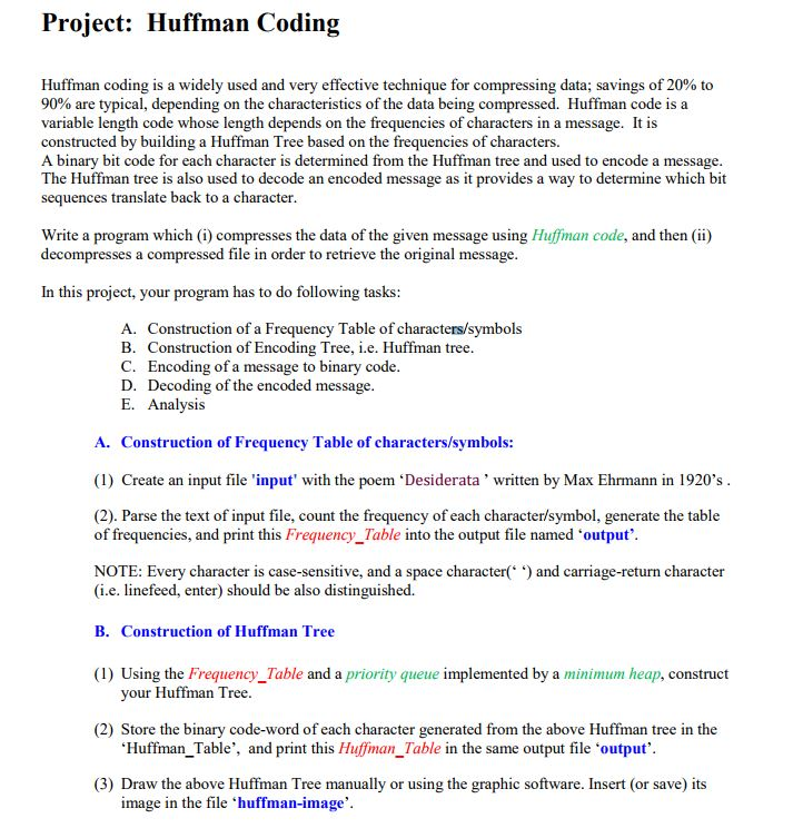 Project: Huffman Coding Huffman coding is a widely | Chegg.com