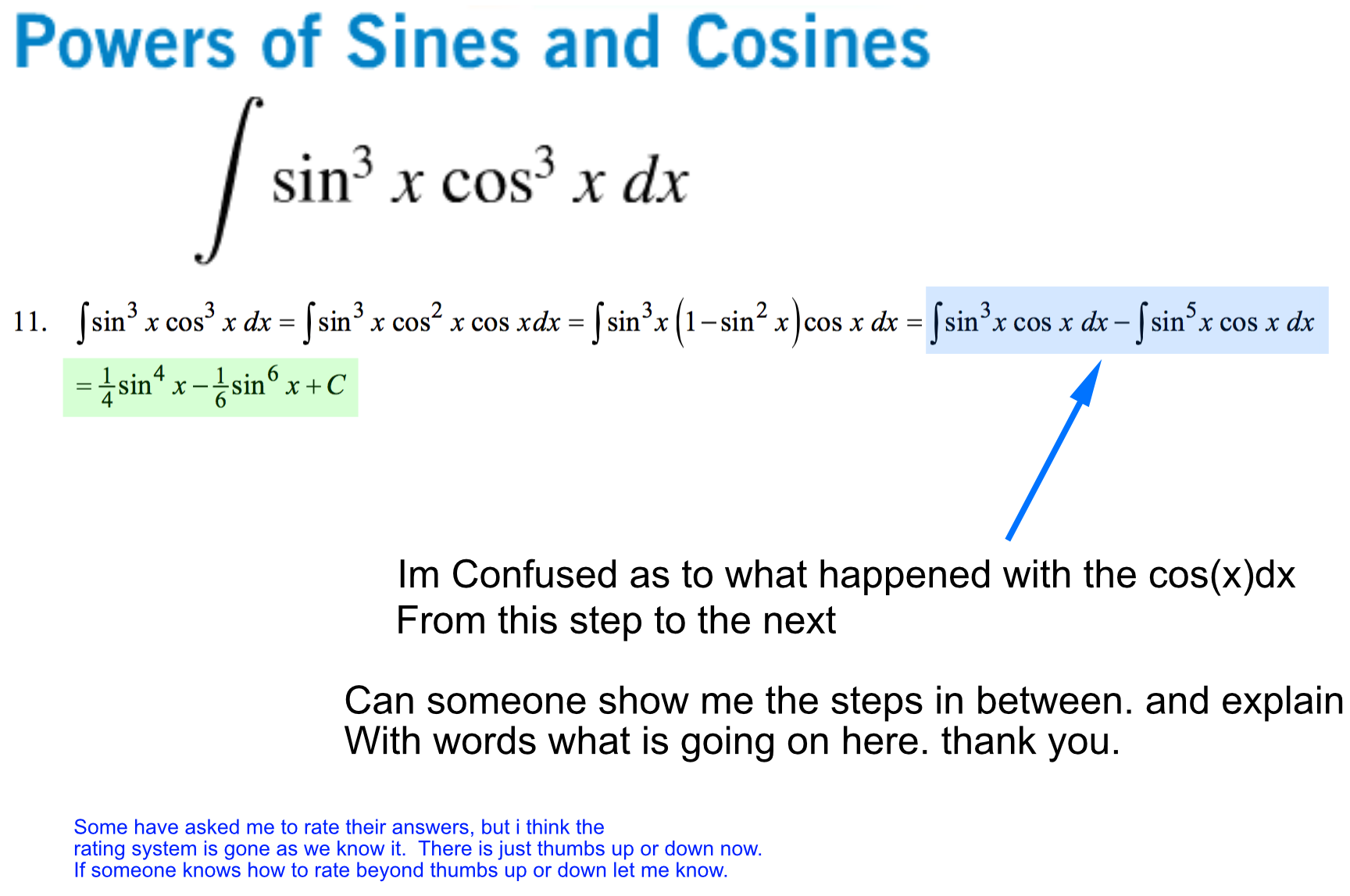 Solved Powers of Sines and Cosines sin x cos3x dr 11 sin x