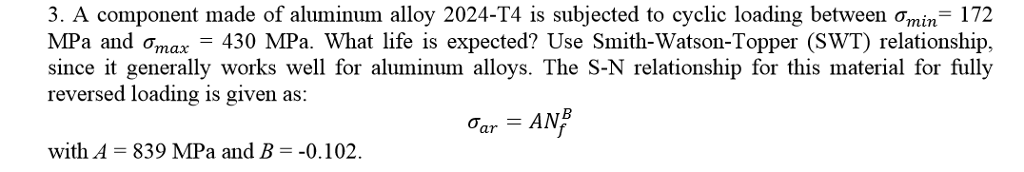 Solved 3. A component made of aluminum alloy 2024-T4 is | Chegg.com