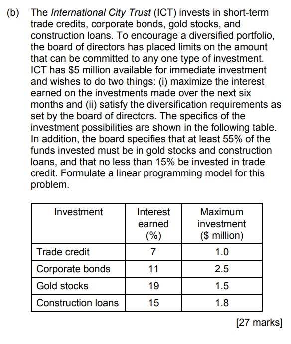 Solved (b) The International City Trust (ICT) Invests In | Chegg.com