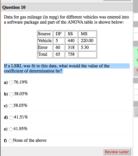 Solved Question 10 Data For Gas Mileage (in Mpg) For | Chegg.com