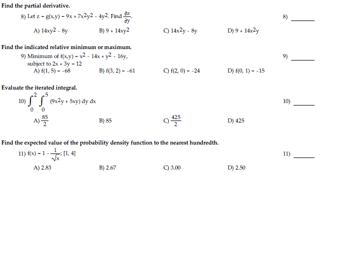 Solved Find the partial derivative. Let z - g(x, y) - 9x + | Chegg.com