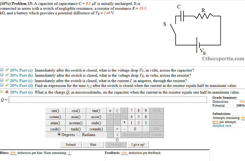 Solved (10%) Problem 13. A Capacitor Of Capacitance C-9.5 F | Chegg.com