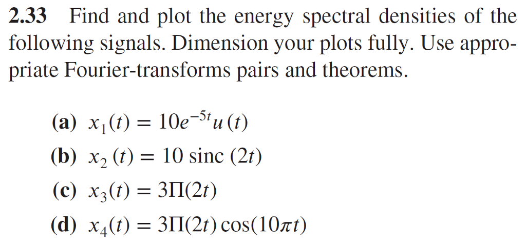 Solved 2.33 Find and plot the energy spectral densities of | Chegg.com