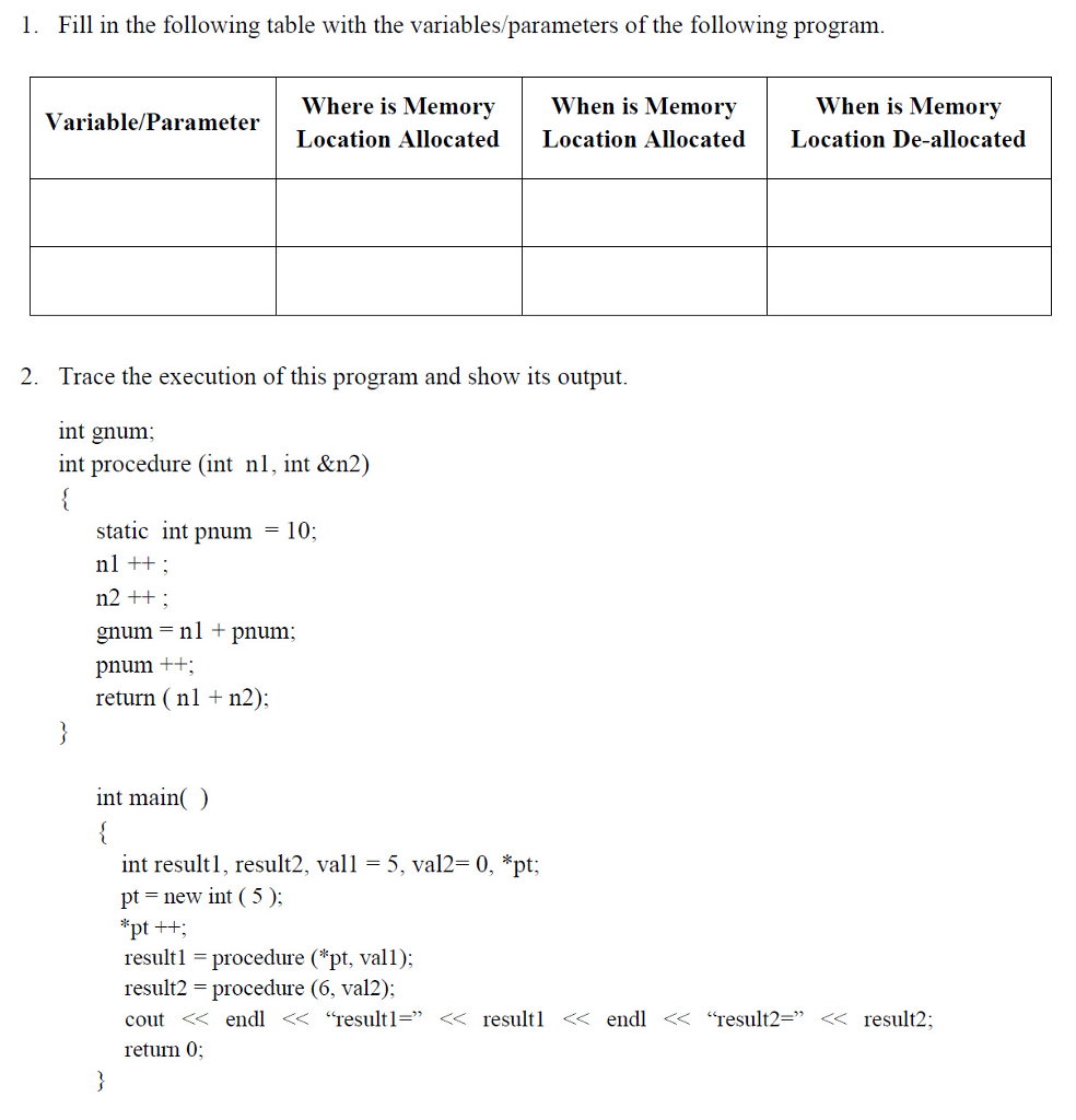 Solved 1. Fill in the following table with the | Chegg.com
