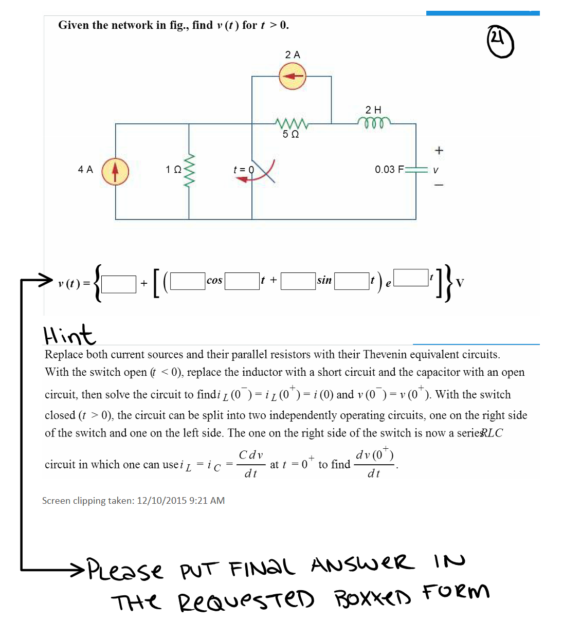 Solved Given The Network In Fig., Find V (t) For T > 0. | Chegg.com