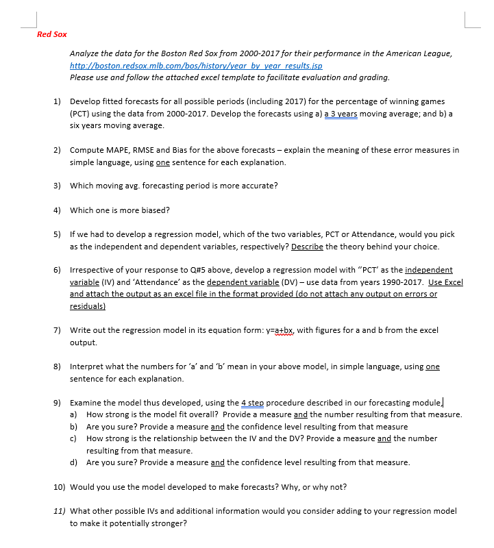 Solved Red Sox Analyze the data for the Boston Red Sox from | Chegg.com