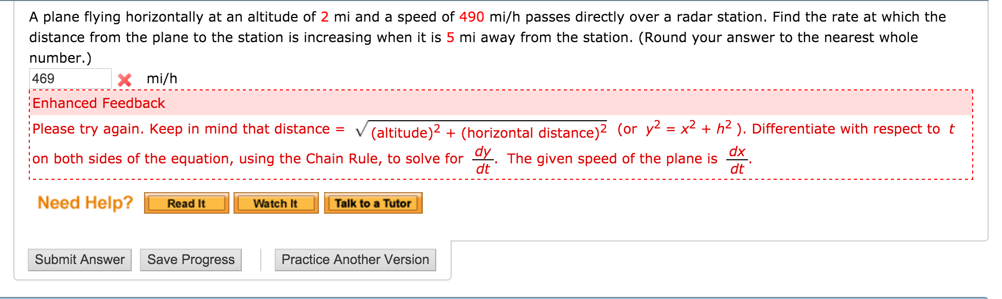 Solved A plane flying horizontally at an altitude of 2 mi