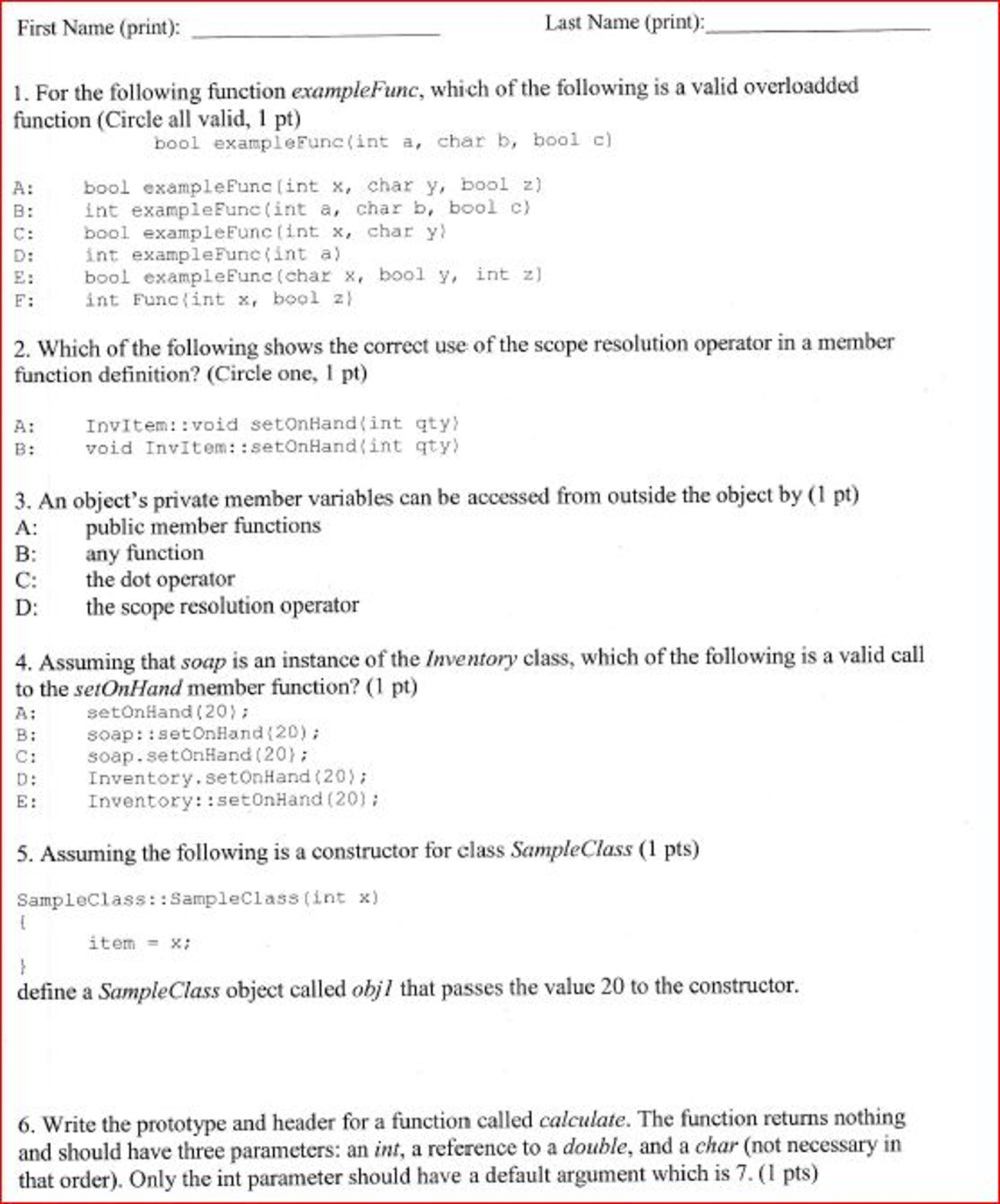 Solved For the following function exampleFunc, which of the | Chegg.com