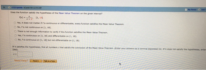 Solved Does the function satisfy the hypotheses of the Mean | Chegg.com