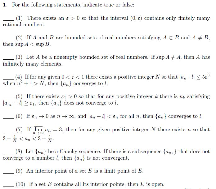 Solved For the following statements, indicate true or false