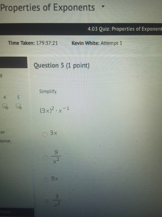 Solved Simplify (3x)^2 x^-1 3x 9/x^2 9x 3/x^2 | Chegg.com