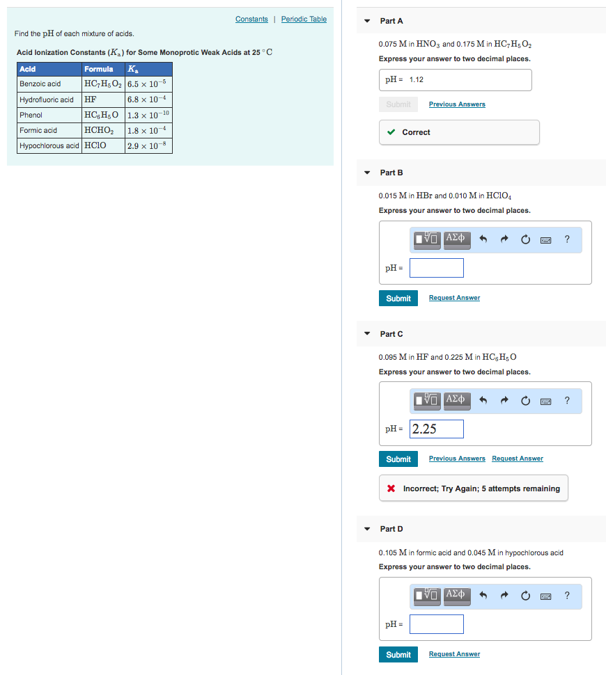 Solved PartA Find the pH of each mixture of acids 0.075 M in | Chegg.com