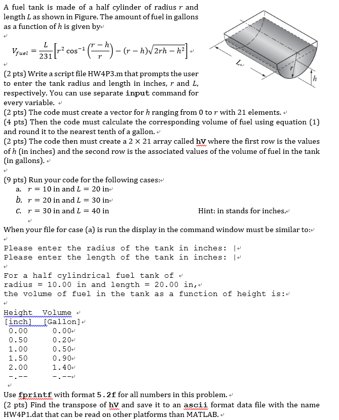 Solved A fuel tank is made of a half cylinder of radius r