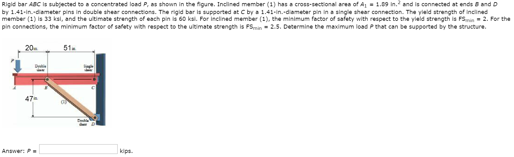 Solved Rigid bar ABC is subjected to a concentrated load P, | Chegg.com