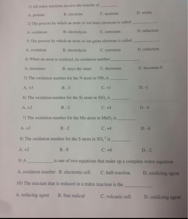 Solved All redox reactions involve the transfer of protons | Chegg.com 