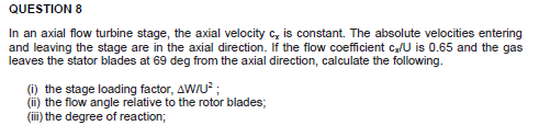 Solved In an axial flow turbine stage, the axial velocity cx | Chegg.com