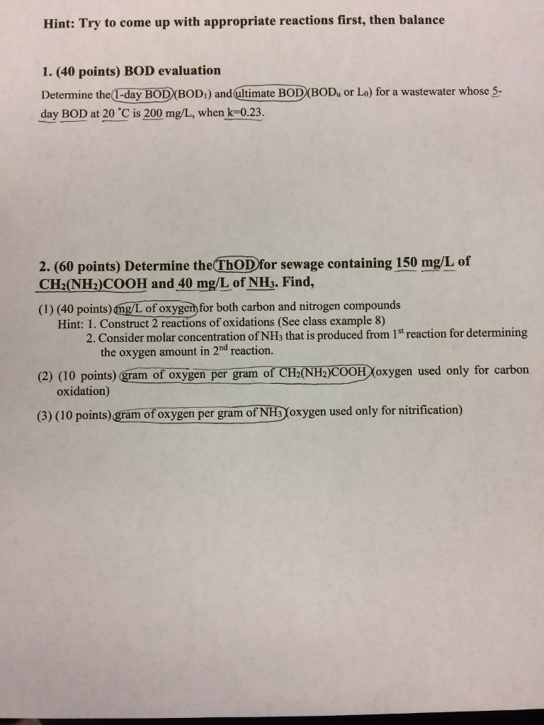 Solved BOD evaluation Determine the 1-day BOD (BOD_1) and | Chegg.com