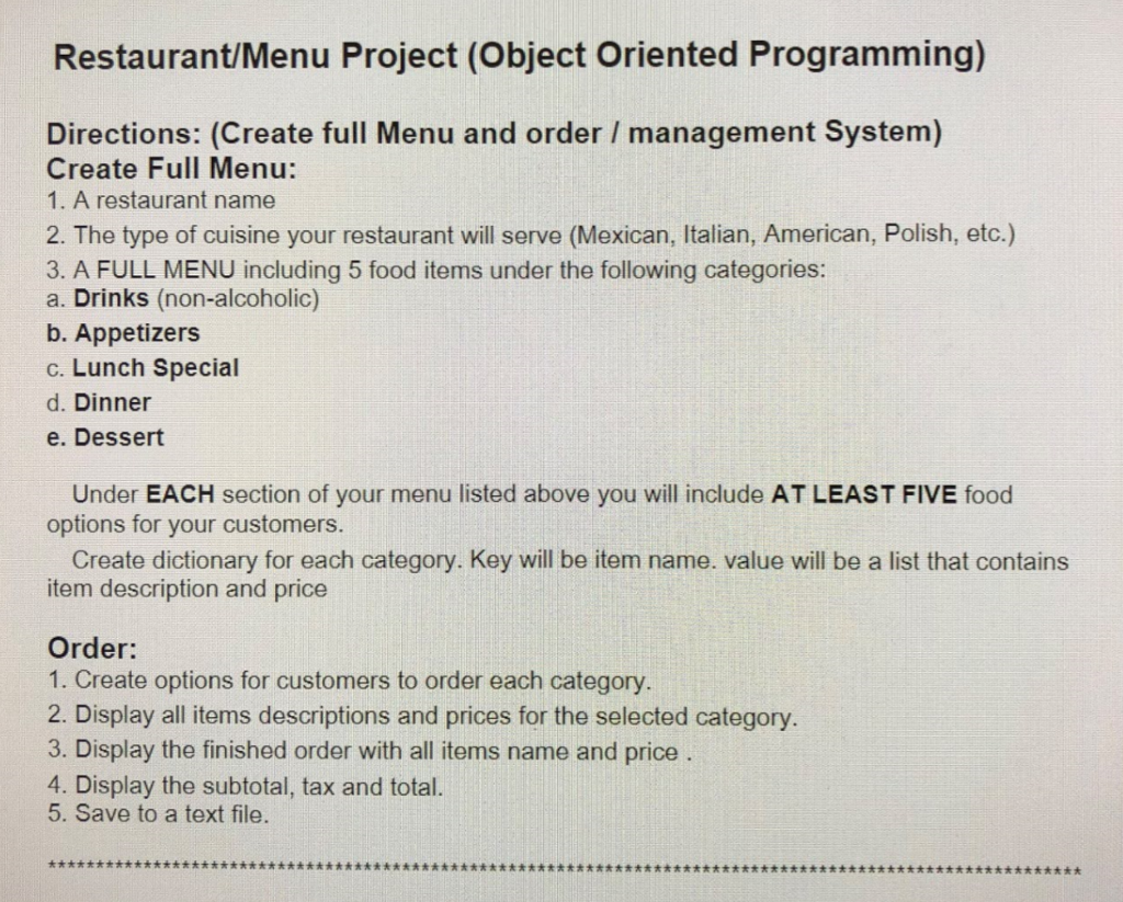 Solved Restaurant/Menu Project (Object Oriented Programming) | Chegg.com