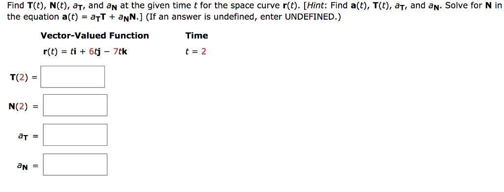 Solved Find T(t), N(t), aT, and aN at the given time t for | Chegg.com