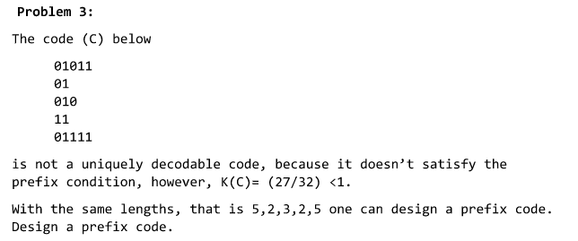 Solved Problem 3: The code (C) below 01011 01 010 is not a | Chegg.com