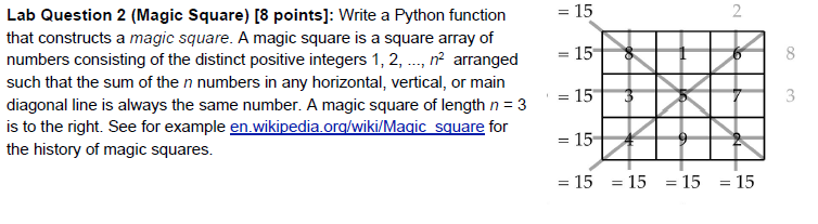 Solved Lab Question 2 (Magic Square) [8 points]: Write a | Chegg.com image.