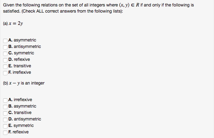 Solved Given The Following Relations On The Set Of All | Chegg.com