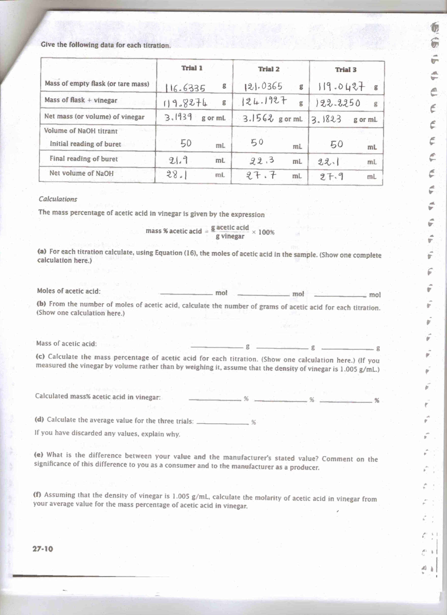 How To Calculate Mass Percent Of Acetic Acid In Vinegar