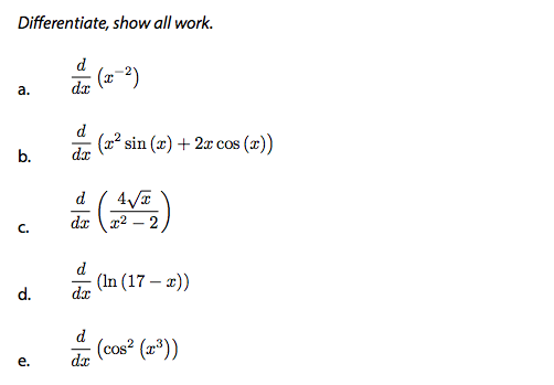 Solved Differentiate Show All Work A Ddx X 2 B 