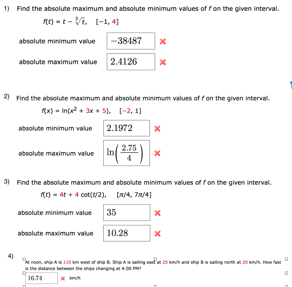 Solved 1) Find the absolute maximum and absolute minimum | Chegg.com